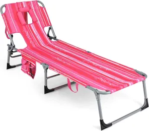 GYMAX Tanning Chair, Folding Beach Lounger with Face Arm Hole, Adjustable Backrest, Side Pocket & Carry Handle, Outside Sunbathing Lounge Chair for Patio, Poolside, Lawn (1, Pink Stripe)
