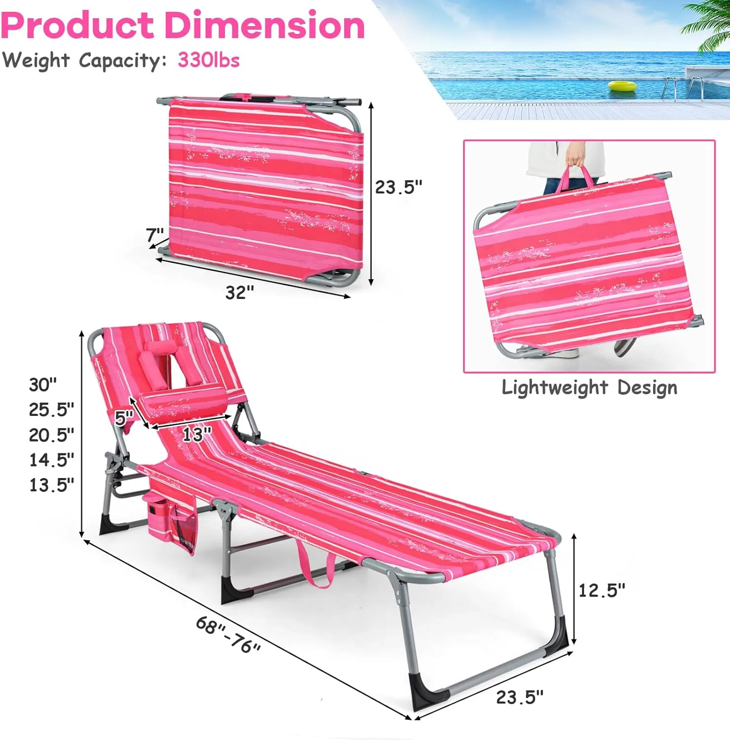 GYMAX Tanning Chair, Folding Beach Lounger with Face Arm Hole, Adjustable Backrest, Side Pocket & Carry Handle, Outside Sunbathing Lounge Chair for Patio, Poolside, Lawn (1, Pink Stripe)