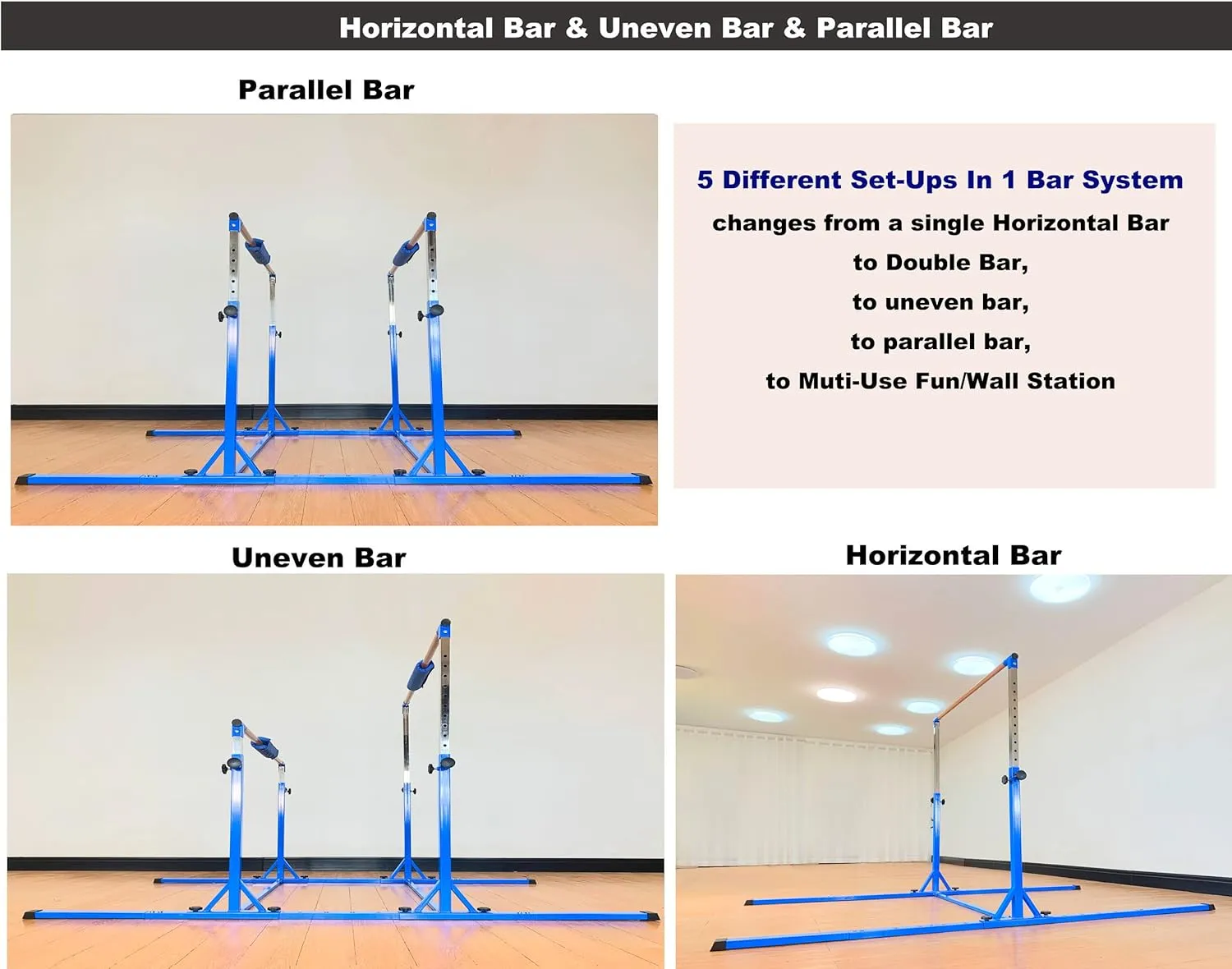 Gymnastics Double Horizontal Bars 3Play Parallel Bars Uneven Bars Gymnastics Training Kip Bar with 304 Stainless Steel Regulating Arms & Fiberglass Rail for Indoor Outdoor Home Club Use