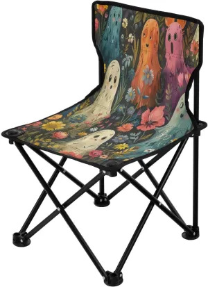 Halloween White Cute Spectre Flowers Portable Outdoor Folding Chair Anti-Slip Padded Oxford Cloth Stool Camping Chair Small for Beach Hiking Fishing Gardening Quad Camp Chair