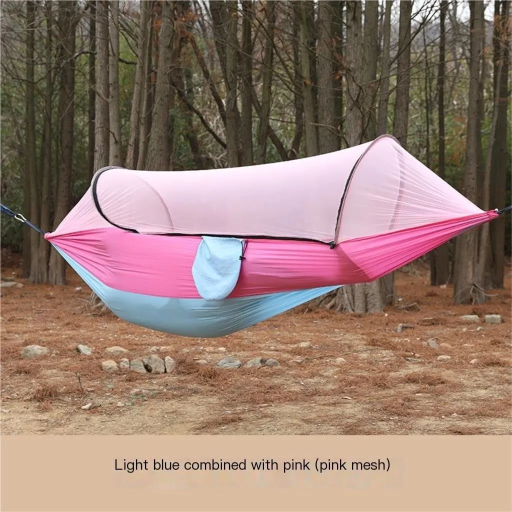 Hamock Outdoor Anti-Rollover Nylon Hammock with Mosquito Net Automatic Quick-Opening Pole Mosquito Net Hammock Hanmock(Pink)
