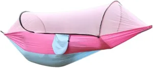 Hamock Outdoor Anti-Rollover Nylon Hammock with Mosquito Net Automatic Quick-Opening Pole Mosquito Net Hammock Hanmock(Pink)