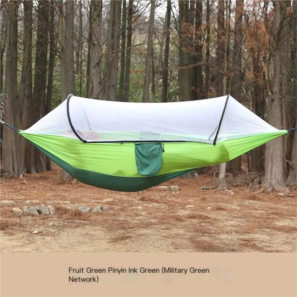 Hamock Outdoor Anti-Rollover Nylon Hammock with Mosquito Net Automatic Quick-Opening Pole Mosquito Net Hammock Hanmock(Pink)