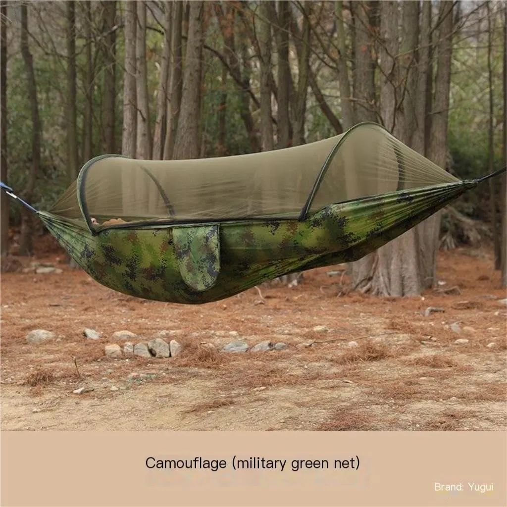 Hamock Outdoor Anti-Rollover Nylon Hammock with Mosquito Net Automatic Quick-Opening Pole Mosquito Net Hammock Hanmock(Pink)