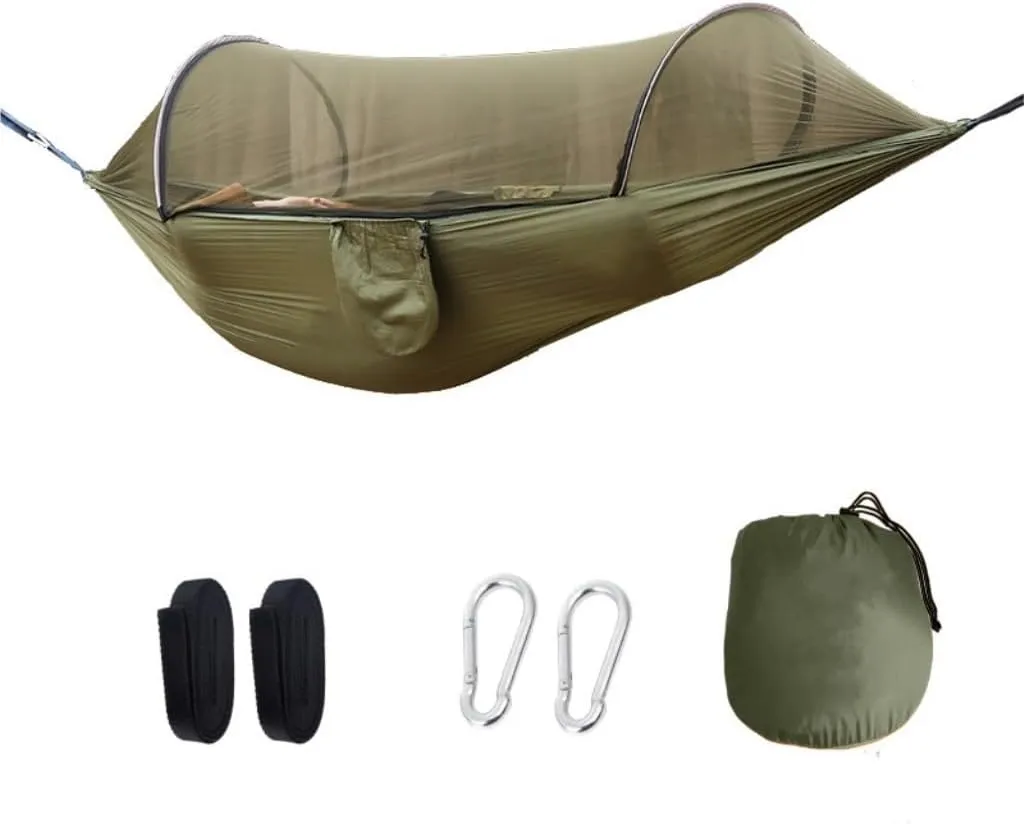 Hamock Outdoor Anti-Rollover Nylon Hammock with Mosquito Net Automatic Quick-Opening Pole Mosquito Net Hammock Hanmock(Pink)