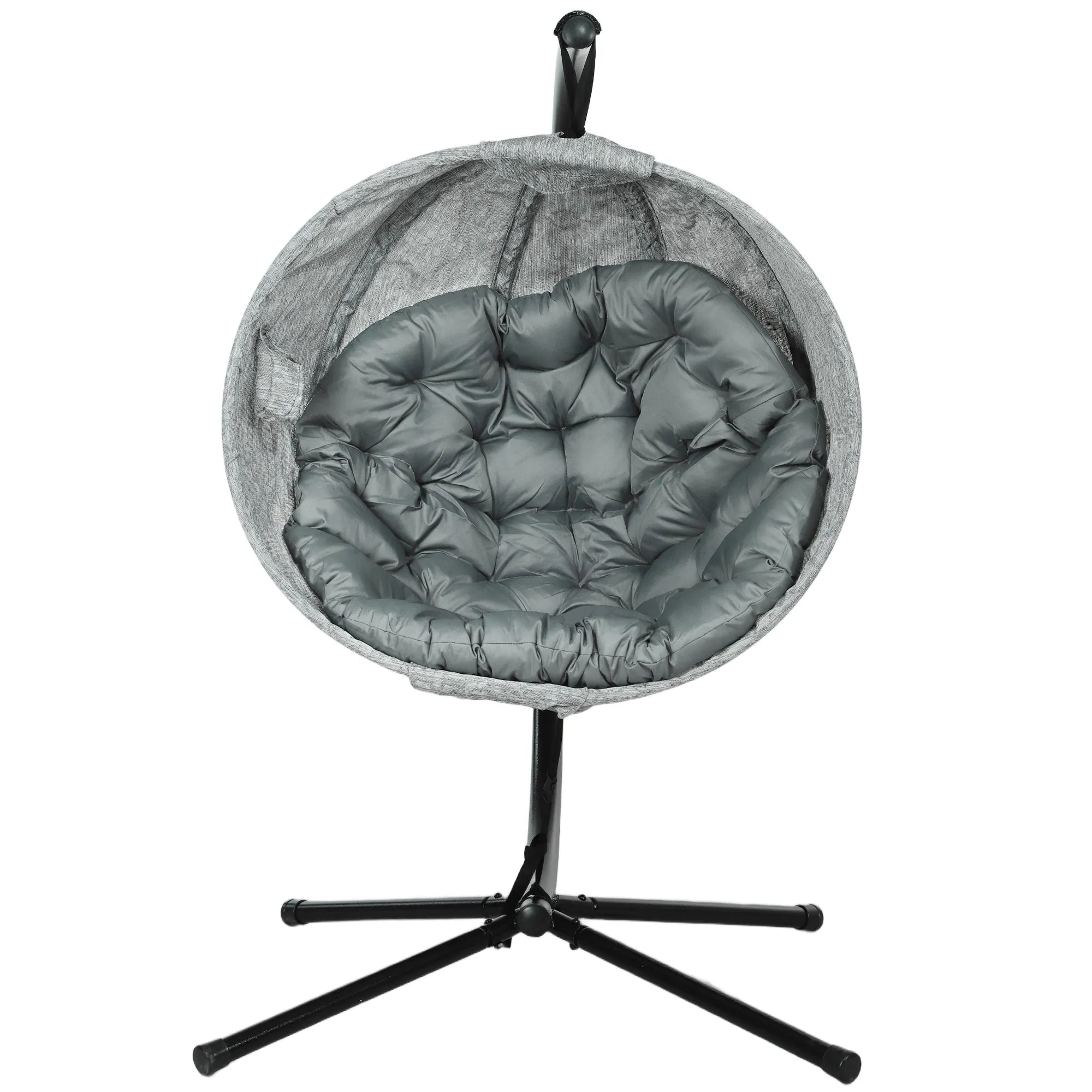 Hanging Egg Chair Outdoor Indoor Garden Swing Chair with Folding Basket, Garden Hanging Chair with Stand, Thickened Cushion, Cup Holder for Patio, Balcony, Grey