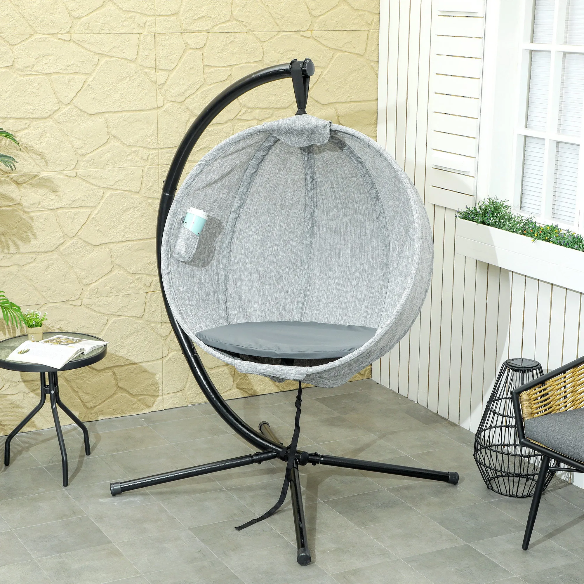 Hanging Egg Chair Outdoor Indoor Garden Swing Chair with Folding Basket, Garden Hanging Chair with Stand, Thickened Cushion, Cup Holder for Patio, Balcony, Grey