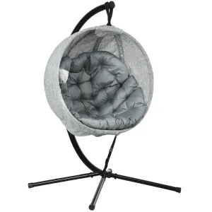 Hanging Egg Chair Outdoor Indoor Garden Swing Chair with Folding Basket, Garden Hanging Chair with Stand, Thickened Cushion, Cup Holder for Patio, Balcony, Grey