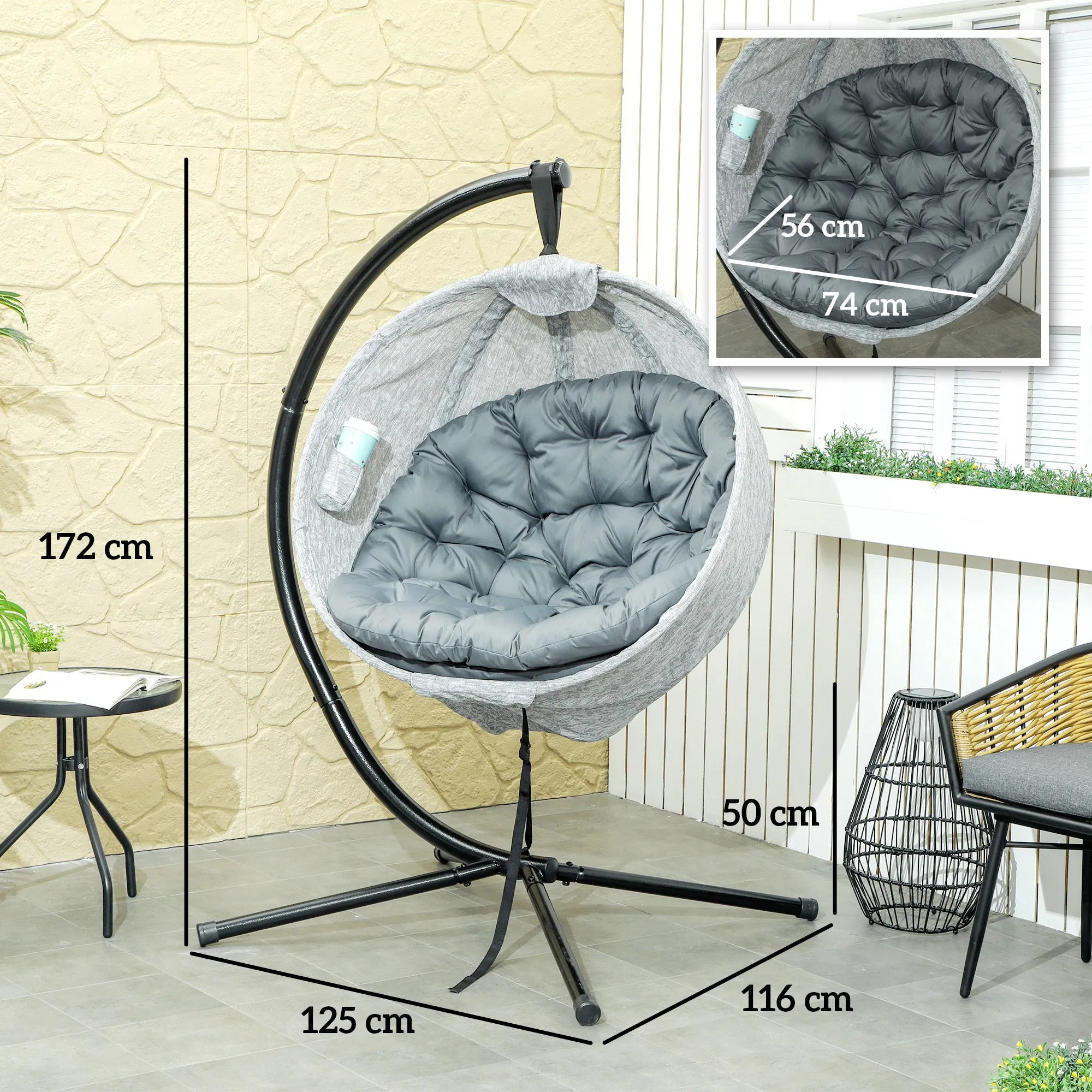 Hanging Egg Chair Outdoor Indoor Garden Swing Chair with Folding Basket, Garden Hanging Chair with Stand, Thickened Cushion, Cup Holder for Patio, Balcony, Grey