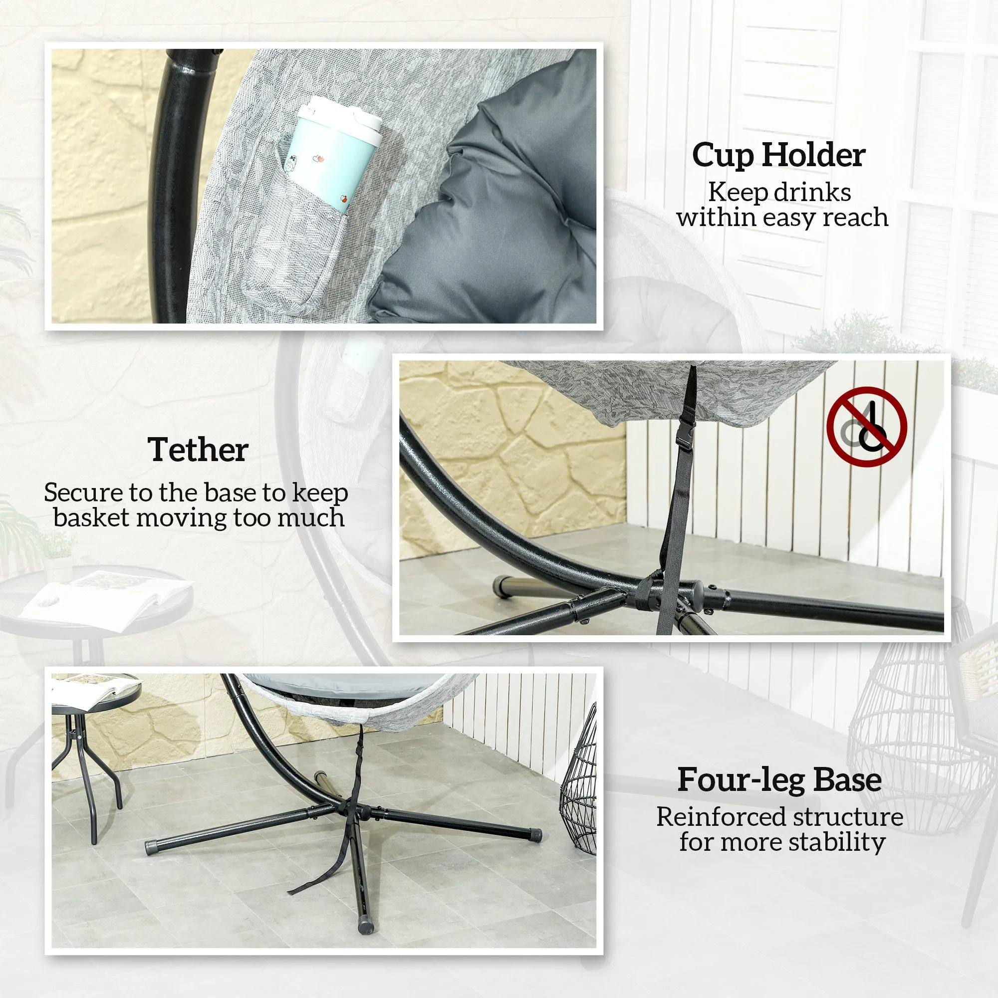 Hanging Egg Chair Outdoor Indoor Garden Swing Chair with Folding Basket, Garden Hanging Chair with Stand, Thickened Cushion, Cup Holder for Patio, Balcony, Grey