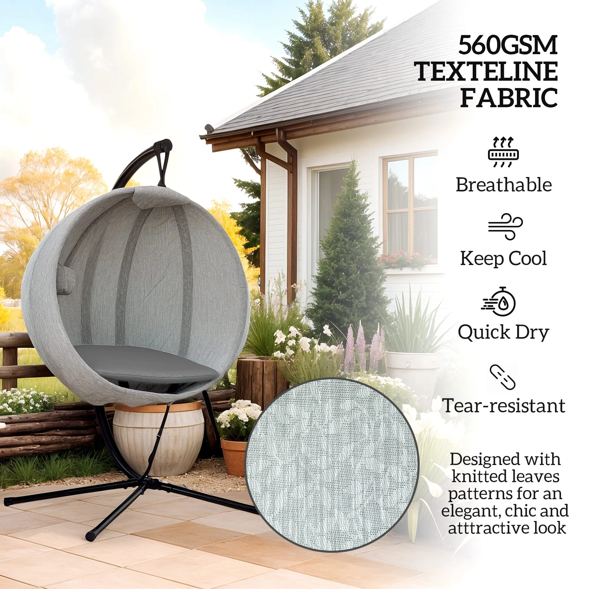 Hanging Egg Chair Outdoor Indoor Garden Swing Chair with Folding Basket, Garden Hanging Chair with Stand, Thickened Cushion, Cup Holder for Patio, Balcony, Grey