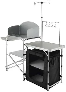 Happybuy Camping Kitchen Table, Folding Outdoor Cooking Station with Storage Bag, Aluminum Cook Table with 1 Cupboard & Detachable Windscreen, Quick Setup for Picnics, BBQs, RV Travel, Black