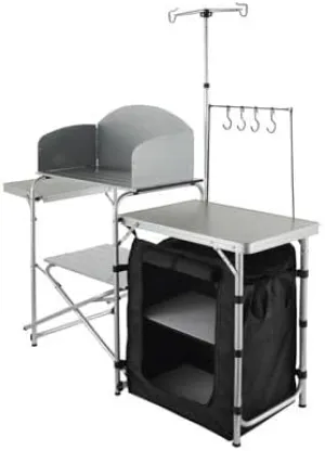 Happybuy Camping Kitchen Table, Folding Outdoor Cooking Station with Storage Bag, Aluminum Cook Table with 1 Cupboard & Detachable Windscreen, Quick Setup for Picnics, BBQs, RV Travel, Black