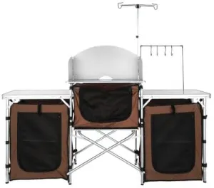 Happybuy Camping Kitchen Table, Folding Outdoor Cooking Station with Storage Bag, Aluminum Cook Table with 3 Cupboards & Detachable Windscreen, Quick Setup for Picnics, BBQs, RV Travel, Brown