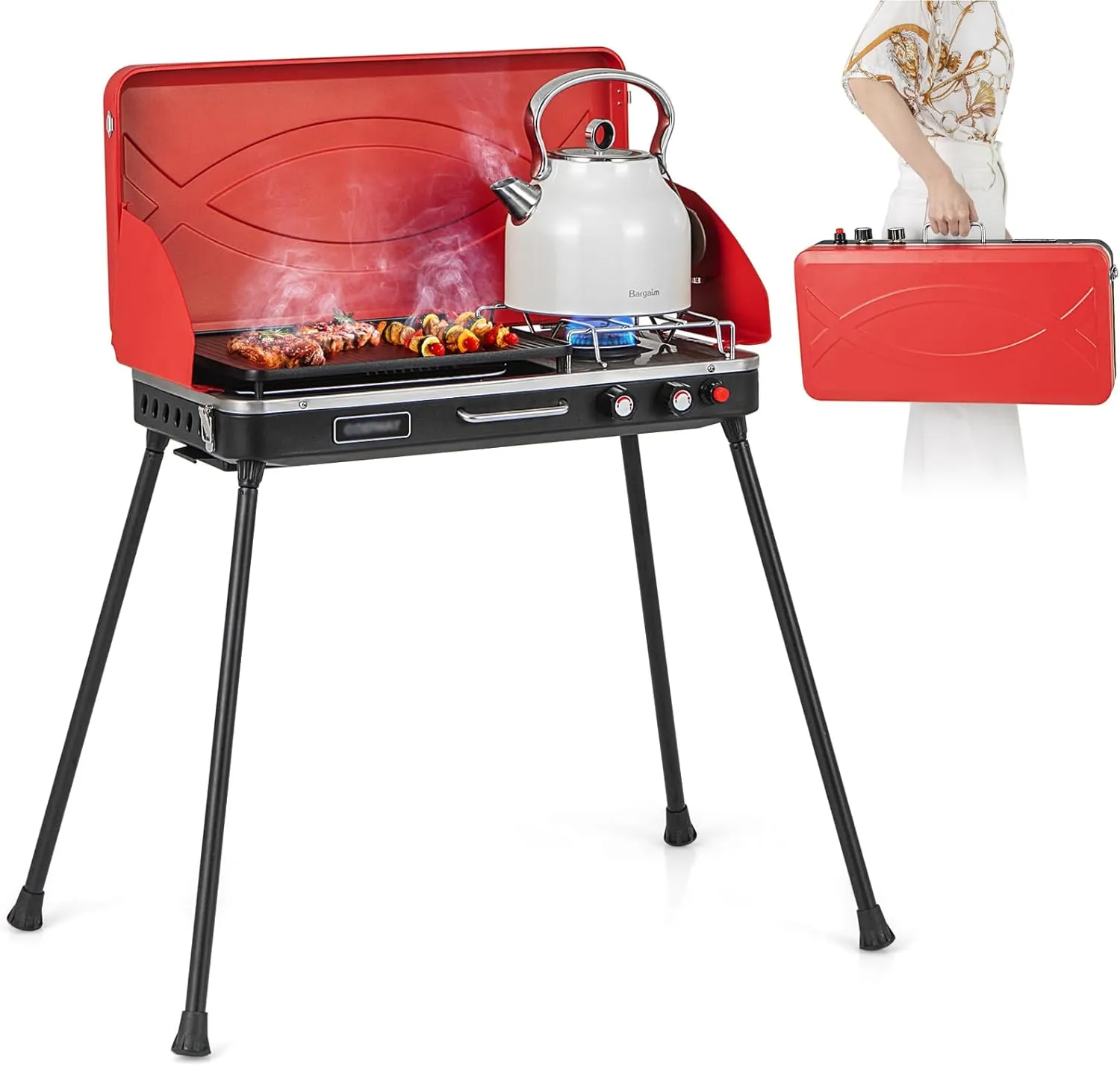 HAPPYGRILL 2-Burner Propane Camping Stove, Portable Gas Grill Cooker with Removable Leg Stand, Roast Grill, Dual Control Knobs, Wind Guards, Outdoor Grill Stove for Camping BBQ Picnic, Red