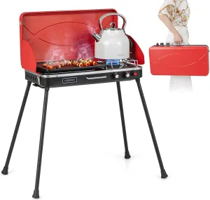 HAPPYGRILL 2-Burner Propane Camping Stove, Portable Gas Grill Cooker with Removable Leg Stand, Roast Grill, Dual Control Knobs, Wind Guards, Outdoor Grill Stove for Camping BBQ Picnic, Red