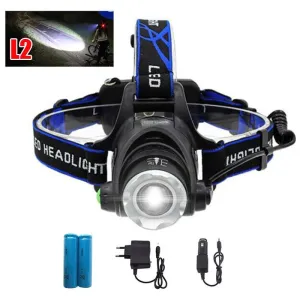 Headlamp 18650 Battery  XM L2 LED Frontal Head Flashlight Torch Powerful Zoomable Headlight Latern   AC charger  Car charger