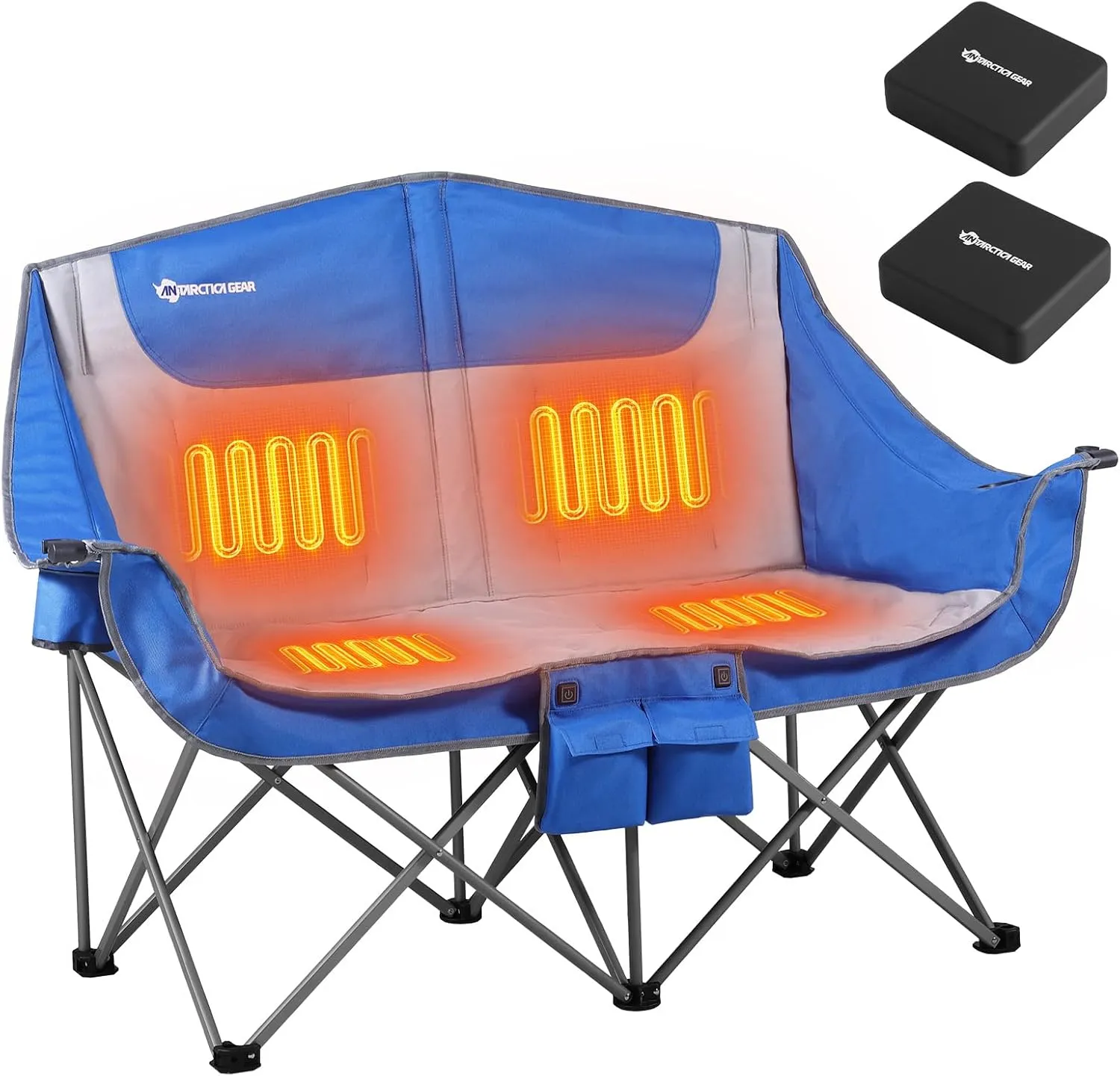 Heated Double Camping Chair, 2-Person Folding Chair with 12V 16000mAh Battery Pack, Heated Portable Loveseat Chair, for Outdoor