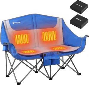 Heated Double Camping Chair, 2-Person Folding Chair with 12V 16000mAh Battery Pack, Heated Portable Loveseat Chair, for Outdoor
