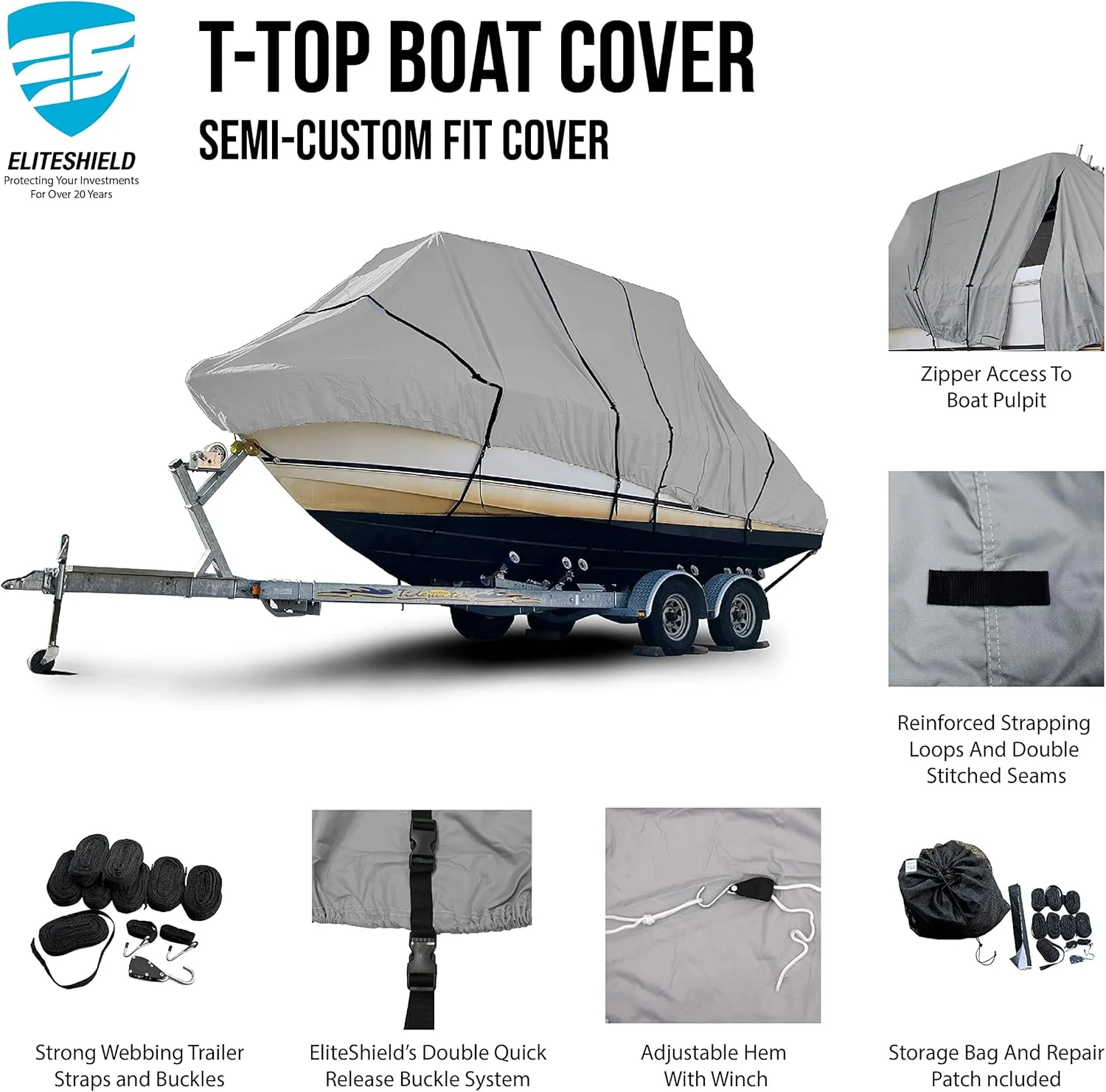 Heavy Duty T Top Hard Top Boat Cover, Marine Grade Solution-Dyed Polyester, UV Treated, Water Resistant, Fade Resistant, Tear Resistant Gray Color 29 ft - 30 ft Long, 120" Wide