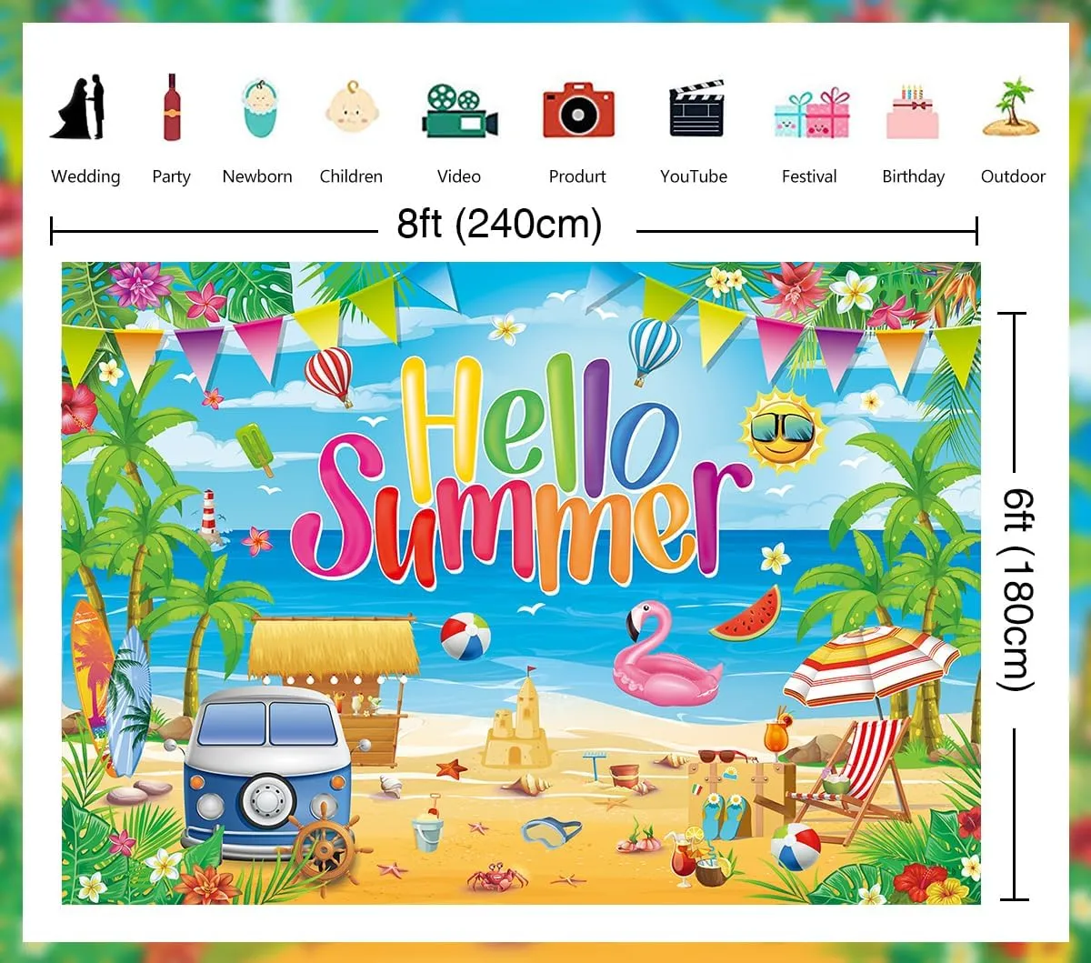 Hello Summer Backdrop Hawaiian Beach Photography Background Tropical Ocean Surfboard Palm Tree Banner for Aloha Summer Hawaiian Pool Party Decorations Supplies (8x6FT: 96x72 inch)