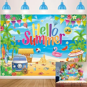 Hello Summer Backdrop Hawaiian Beach Photography Background Tropical Ocean Surfboard Palm Tree Banner for Aloha Summer Hawaiian Pool Party Decorations Supplies (8x6FT: 96x72 inch)