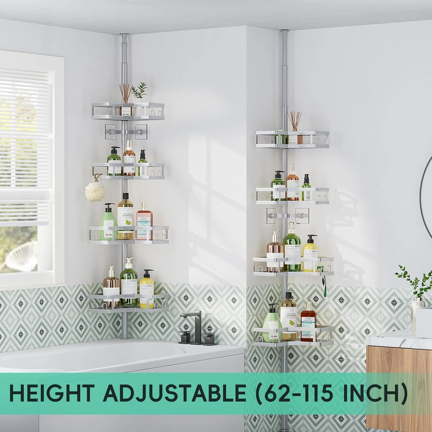 HEVEL Corner Shower Caddy Tension Pole, 4 Tier Adjustable Shower Organizer Corner 62-115 Inch, Rustproof Bathroom Shower Shelves for Bathtub Storage,Silver