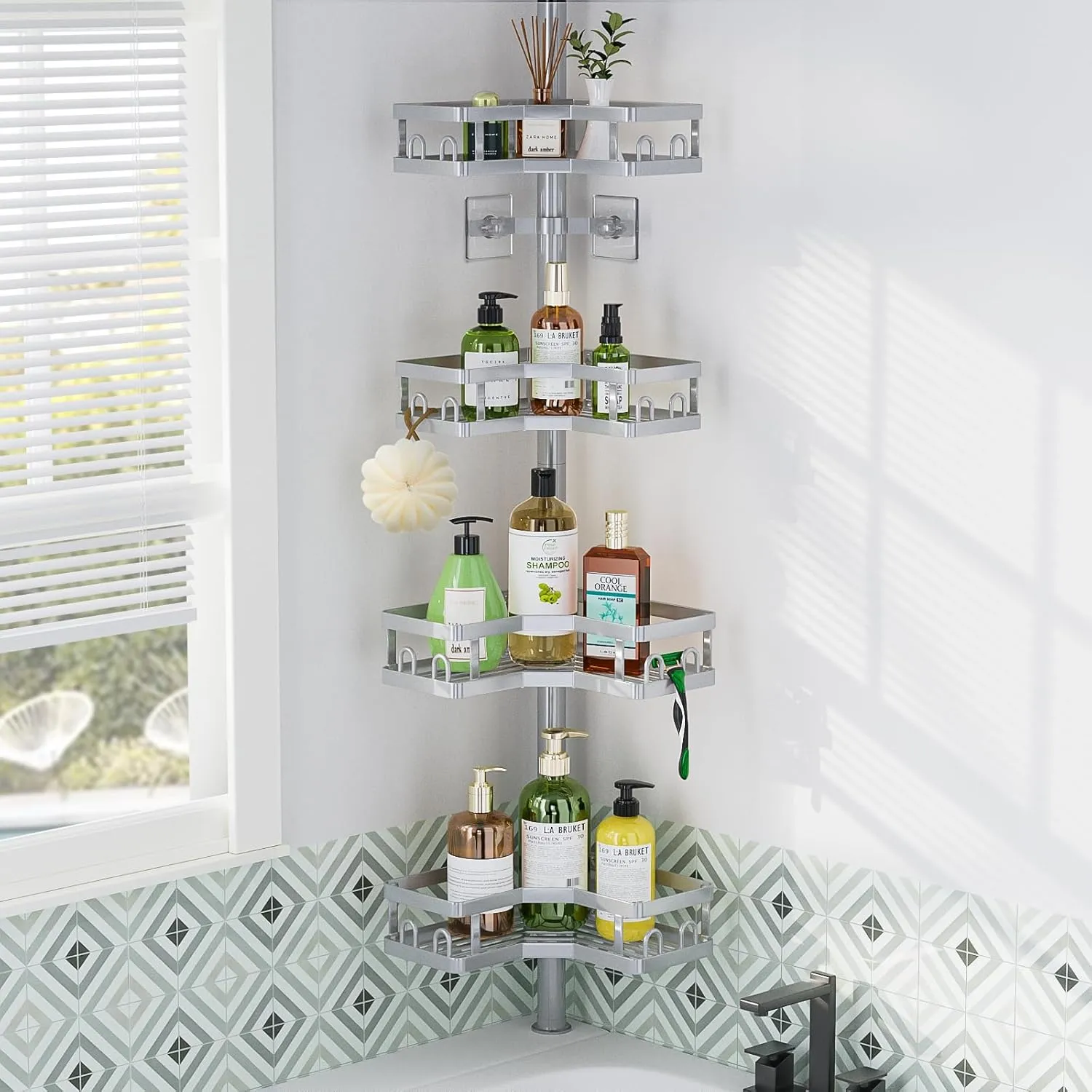 HEVEL Corner Shower Caddy Tension Pole, 4 Tier Adjustable Shower Organizer Corner 62-115 Inch, Rustproof Bathroom Shower Shelves for Bathtub Storage,Silver