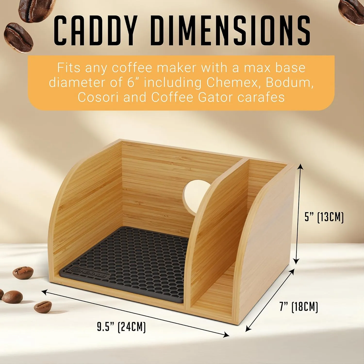 HEXNUB Caddy and Lid for Pour Over Coffee Maker, Bamboo Stand fits Chemex, Bodum, Cosori Coffee Carafes, Heatproof Mat, Filter Holder - Black Mat
