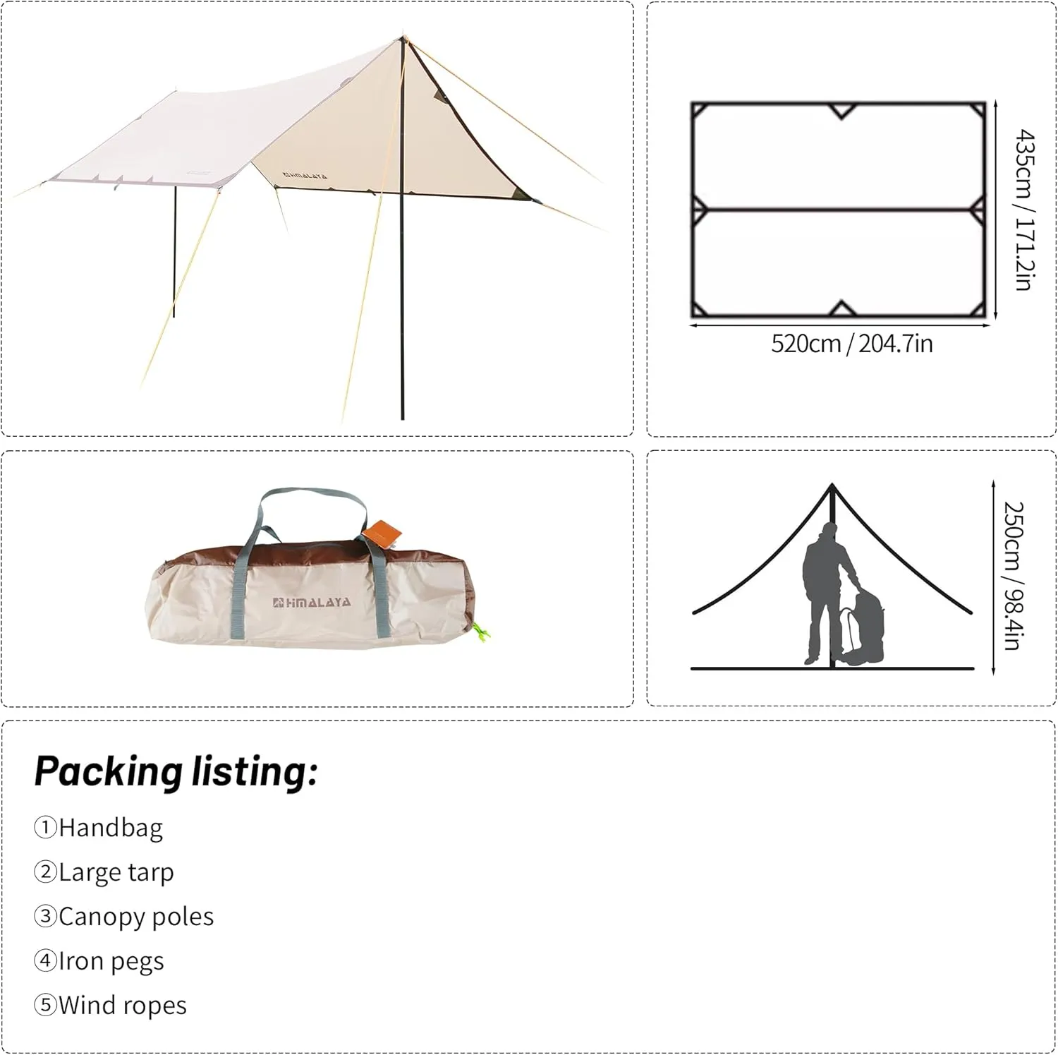 Himalaya Rain Tarp for Camping 4-6 Person Tent Tarp with 2 Poles Canopy Sun Shield Tarp UPF 50  Outdoor Camping Traveling Awning Backpacking (204.7" x 171.2")