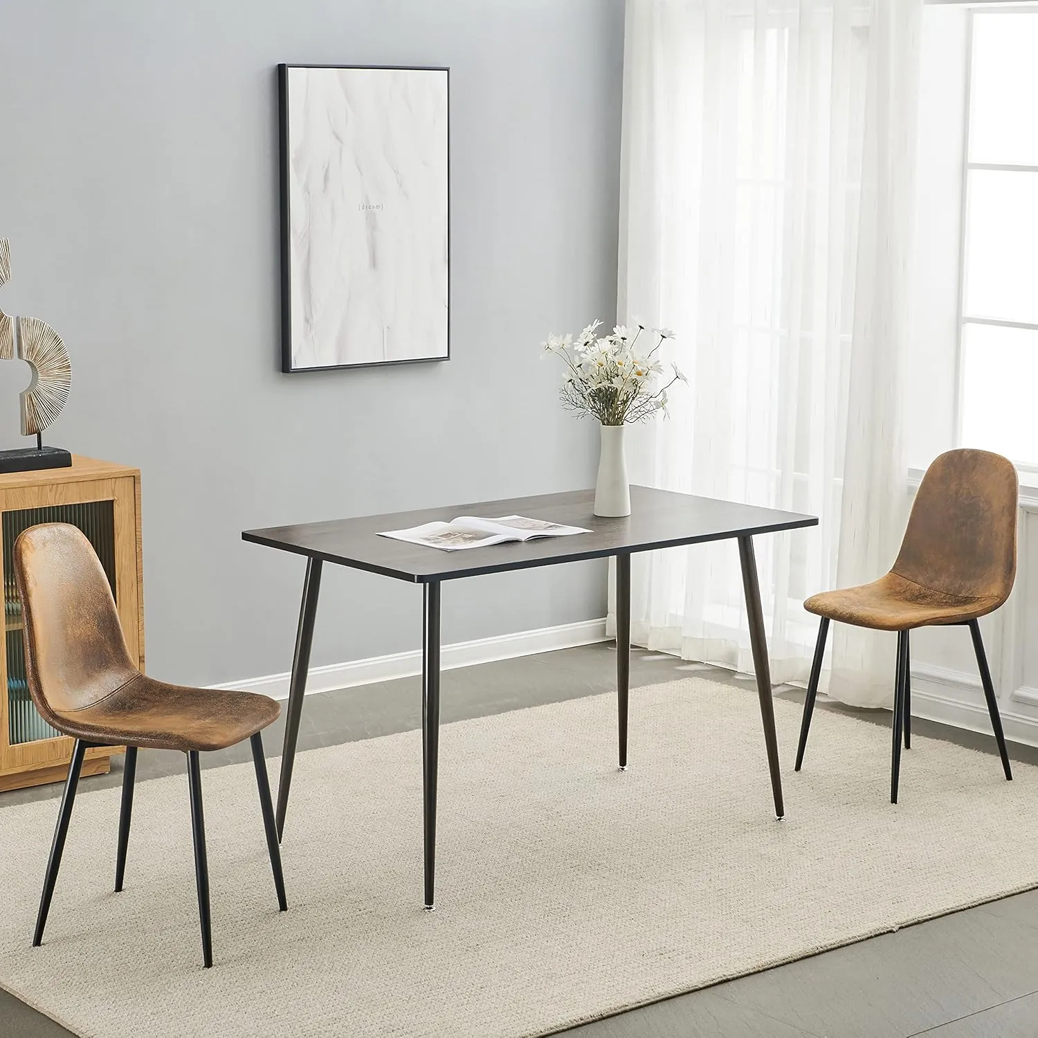 Homy Casa Set of 2 Mid-Century Modern Upholstered Dining Chairs – Armless Suede Fabric Side Chairs with Sturdy Metal Legs, Versatile Seating for Kitchen, Dining Room, Living Room or Office, Brown