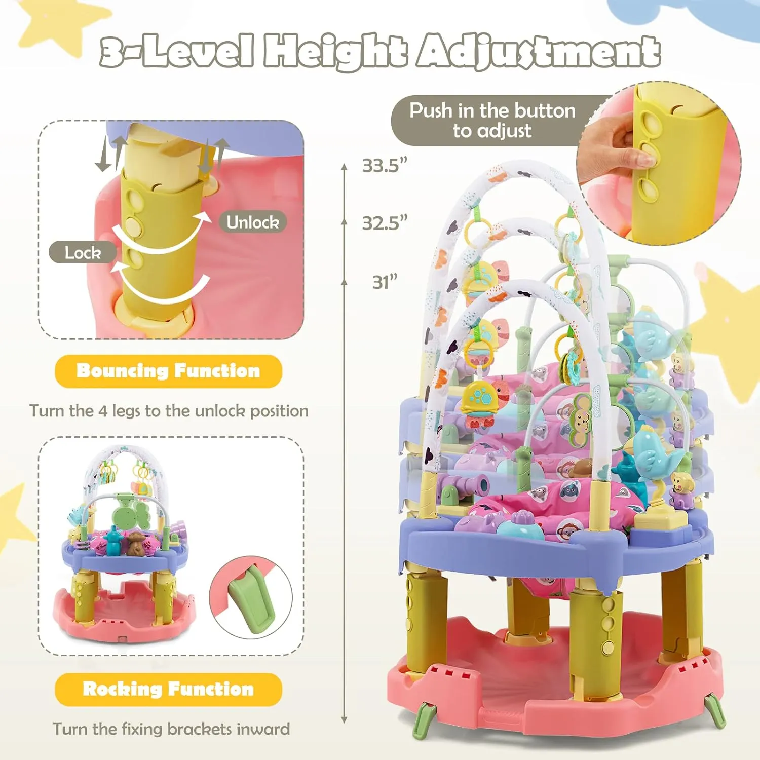 HONEY JOY Baby Bouncer Activity Center, 3-Stage Bouncing Activity Saucer & Playtime Mat & Activity Table, Toy-Bar, 3 Adjustable Heights, Foldable Activity Center for Infants & Toddlers(Pink)