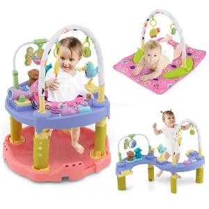 HONEY JOY Baby Bouncer Activity Center, 3-Stage Bouncing Activity Saucer & Playtime Mat & Activity Table, Toy-Bar, 3 Adjustable Heights, Foldable Activity Center for Infants & Toddlers(Pink)