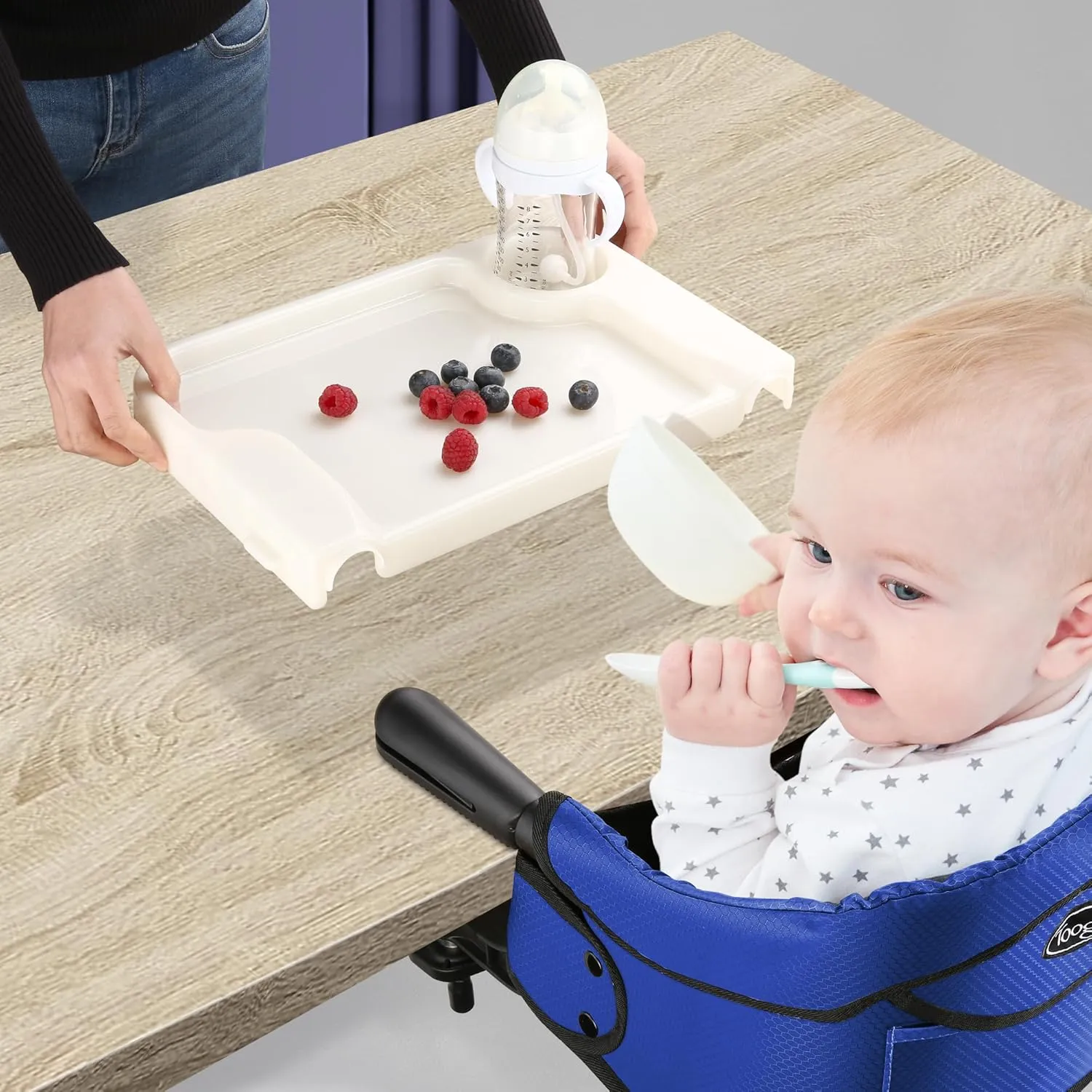 Hook On Chair with Removable Dining Tray, Portable Table High Chair, Folding Compact Baby Seat with Storage Bag for Indoor/Outdoor(Bright Blue)