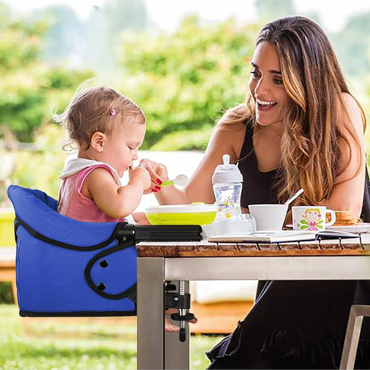 Hook On Chair with Removable Dining Tray, Portable Table High Chair, Folding Compact Baby Seat with Storage Bag for Indoor/Outdoor(Bright Blue)
