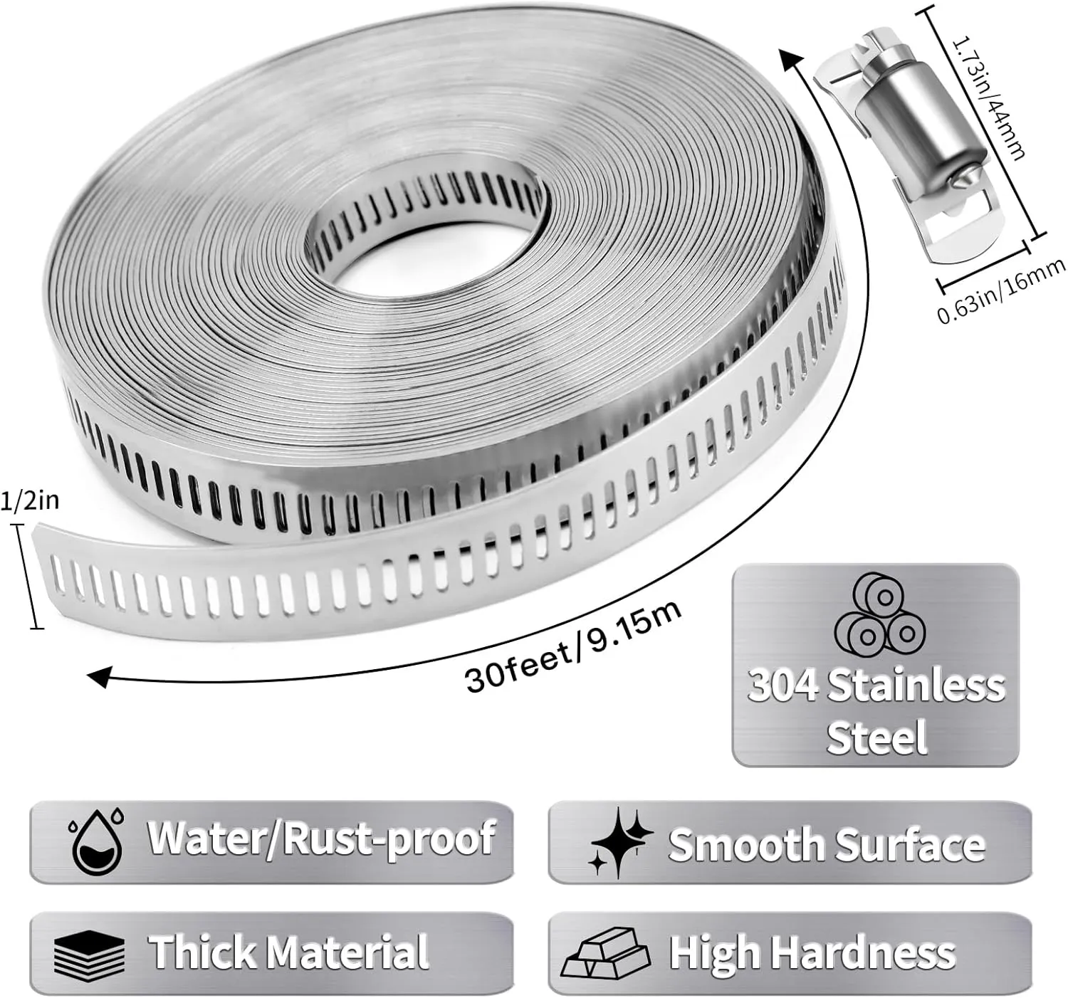Hose Clamps 30FT Strap 30 Fasteners,DIY Cut-To-Fit 304 Stainless Steel Adjustable Large Worm Gear Band Clamp Assortment Kit,Metal Screw Fasteners and Strapping for Pipe,Duct,Pole,Tube