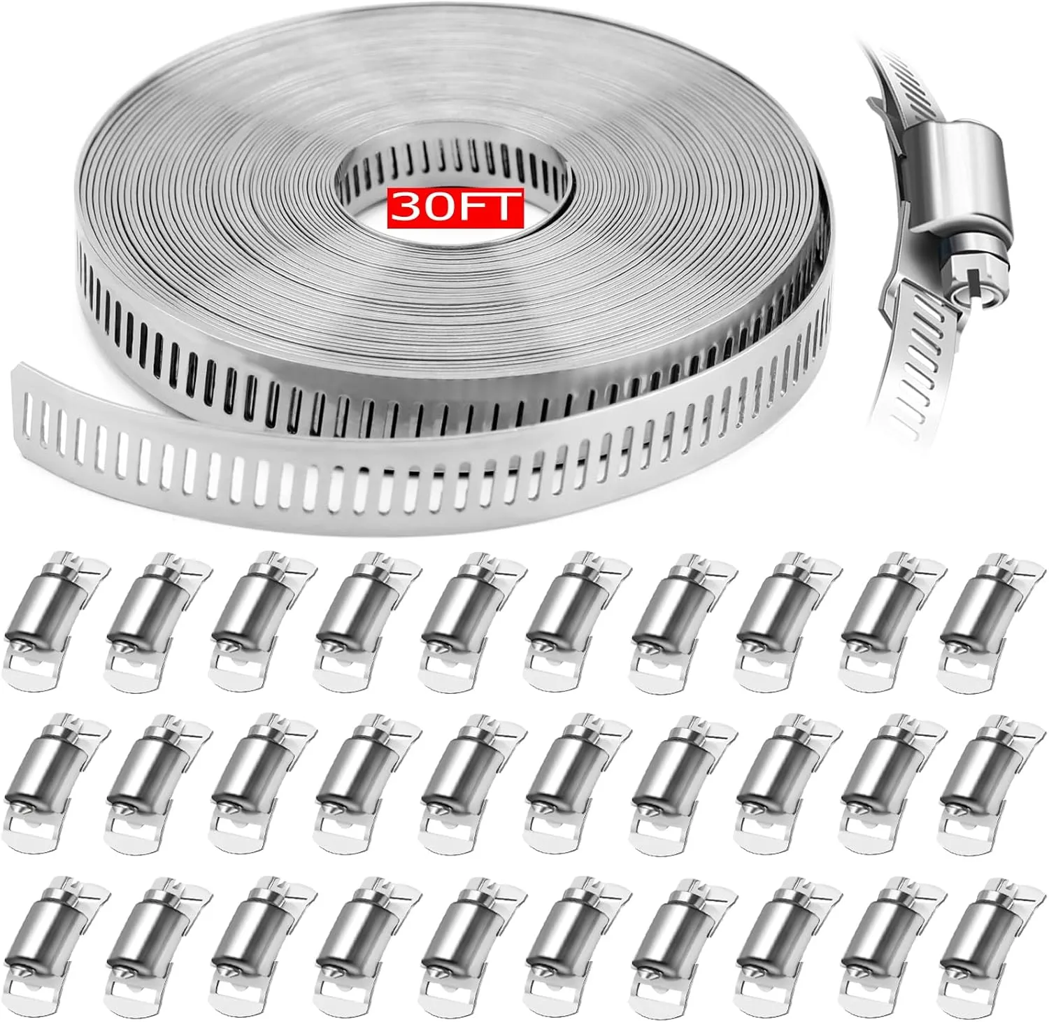 Hose Clamps 30FT Strap 30 Fasteners,DIY Cut-To-Fit 304 Stainless Steel Adjustable Large Worm Gear Band Clamp Assortment Kit,Metal Screw Fasteners and Strapping for Pipe,Duct,Pole,Tube
