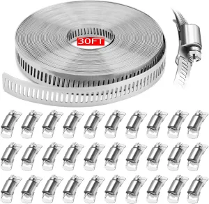 Hose Clamps 30FT Strap 30 Fasteners,DIY Cut-To-Fit 304 Stainless Steel Adjustable Large Worm Gear Band Clamp Assortment Kit,Metal Screw Fasteners and Strapping for Pipe,Duct,Pole,Tube