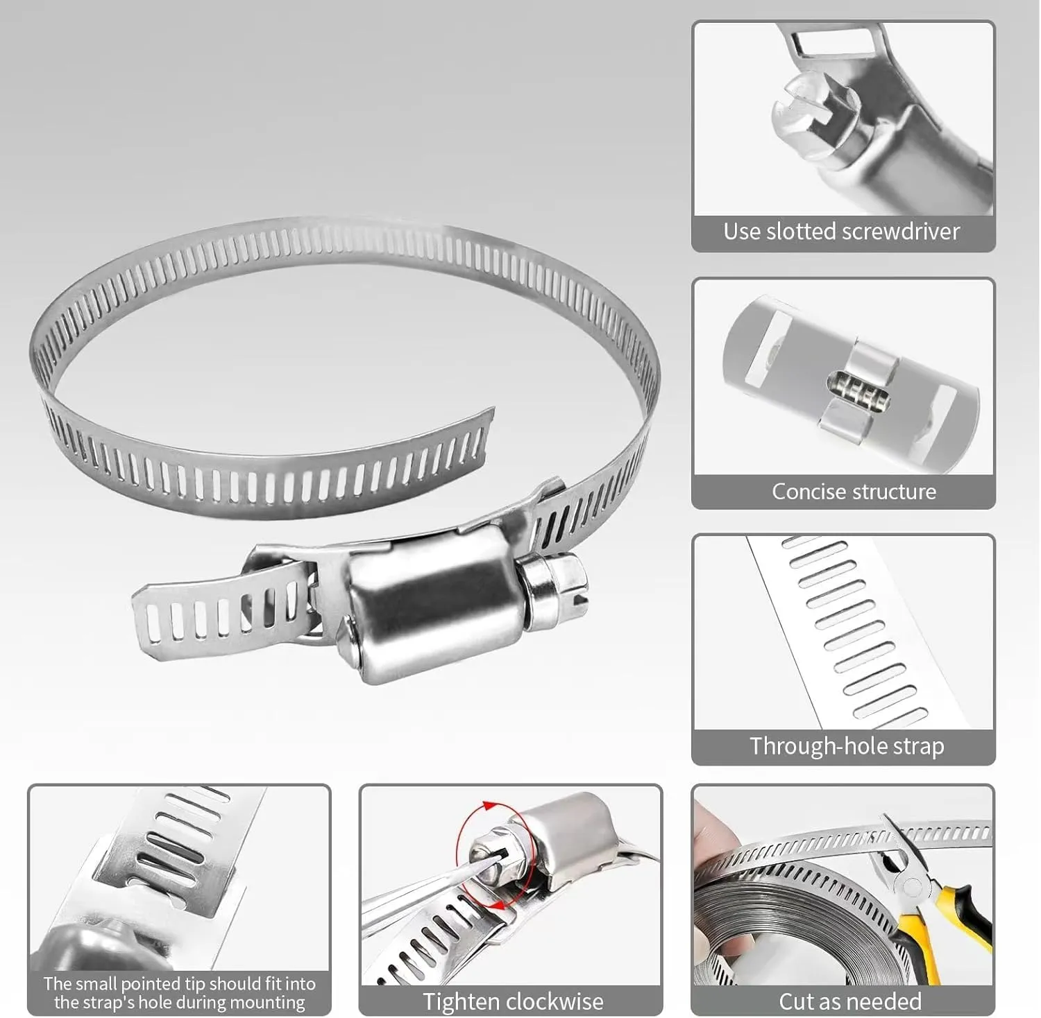 Hose Clamps 30FT Strap 30 Fasteners,DIY Cut-To-Fit 304 Stainless Steel Adjustable Large Worm Gear Band Clamp Assortment Kit,Metal Screw Fasteners and Strapping for Pipe,Duct,Pole,Tube