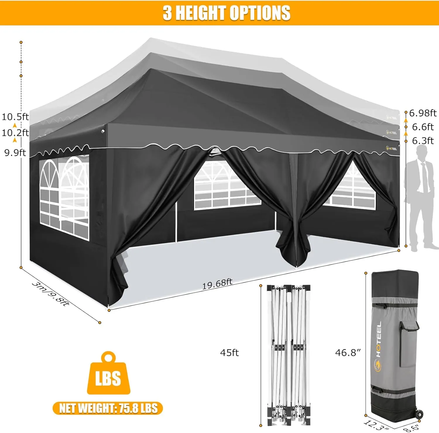 HOTEEL 10x20 Pop Up Canopy Tent for Parties, Instant Canopy Tent with 6 Sidewalls, Portable Wheeled Bag, 4 Weight Bags, Silver Coated Waterproof Enclosed for Backyard,Wedding, Event, Black