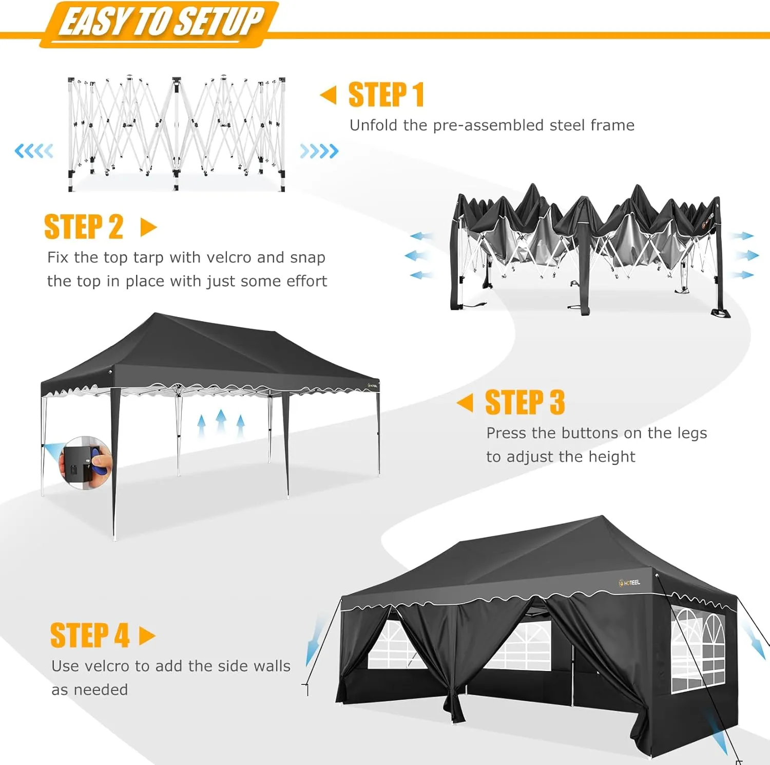 HOTEEL 10x20 Pop Up Canopy Tent for Parties, Instant Canopy Tent with 6 Sidewalls, Portable Wheeled Bag, 4 Weight Bags, Silver Coated Waterproof Enclosed for Backyard,Wedding, Event, Black