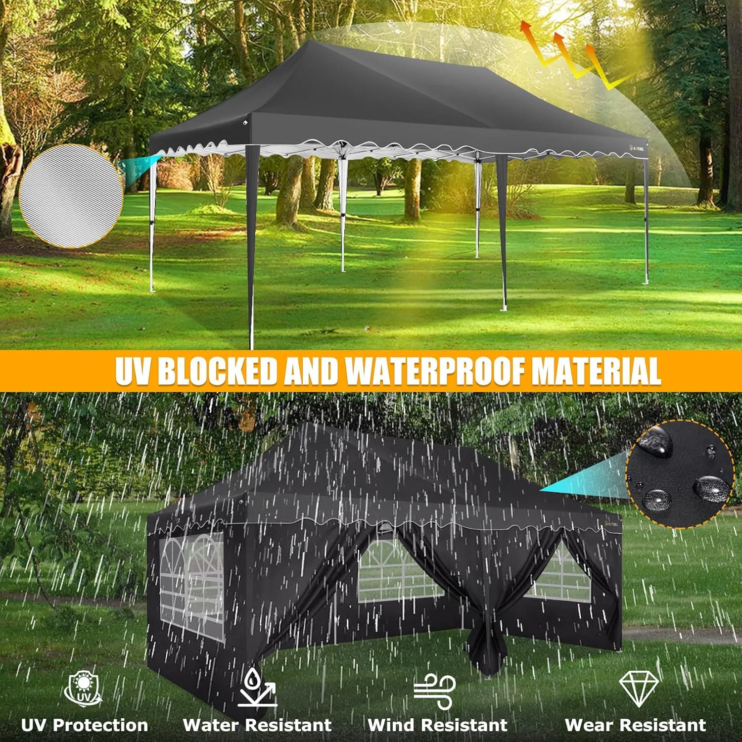 HOTEEL 10x20 Pop Up Canopy Tent for Parties, Instant Canopy Tent with 6 Sidewalls, Portable Wheeled Bag, 4 Weight Bags, Silver Coated Waterproof Enclosed for Backyard,Wedding, Event, Black