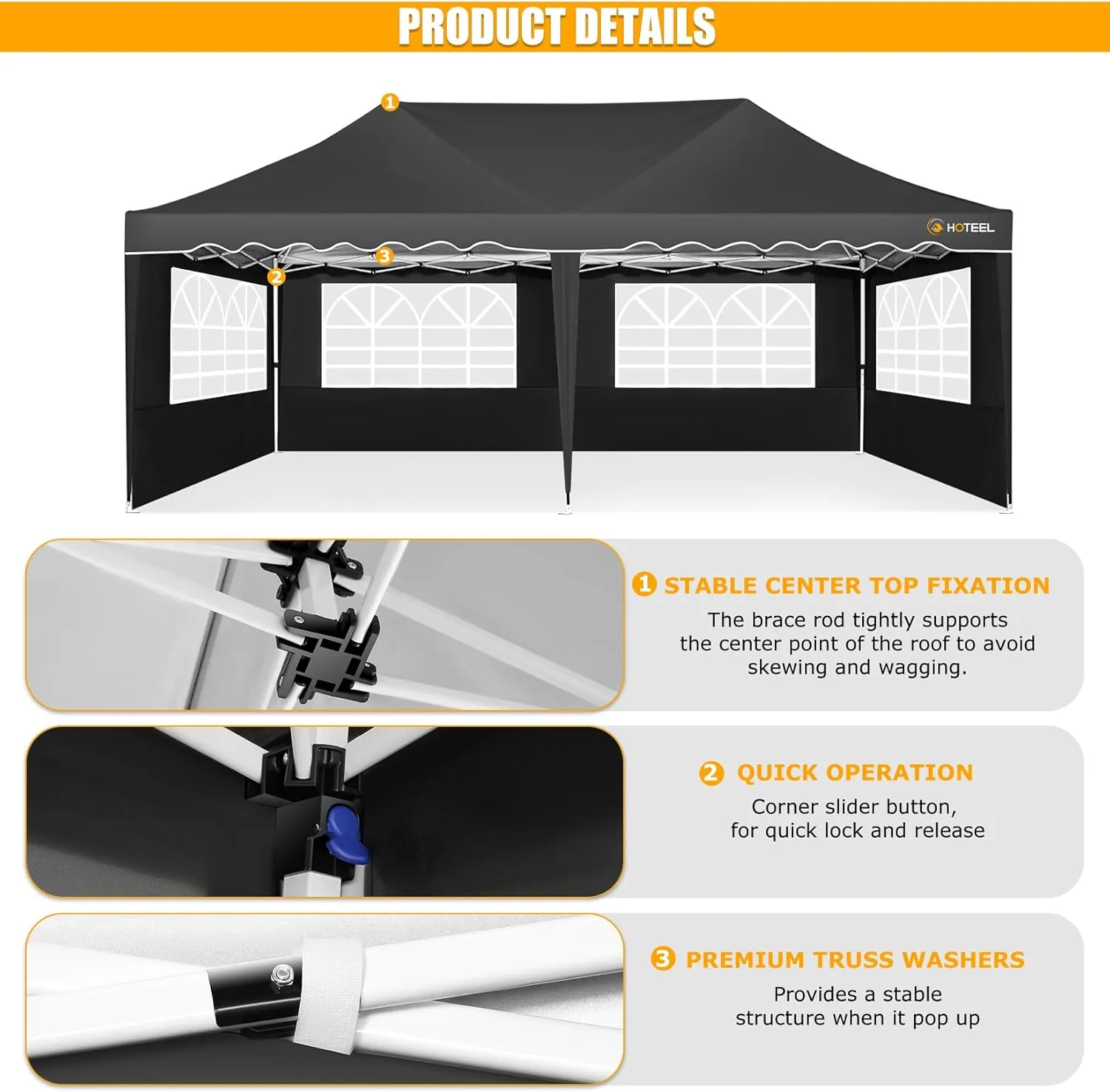 HOTEEL 10x20 Pop Up Canopy Tent for Parties, Instant Canopy Tent with 6 Sidewalls, Portable Wheeled Bag, 4 Weight Bags, Silver Coated Waterproof Enclosed for Backyard,Wedding, Event, Black