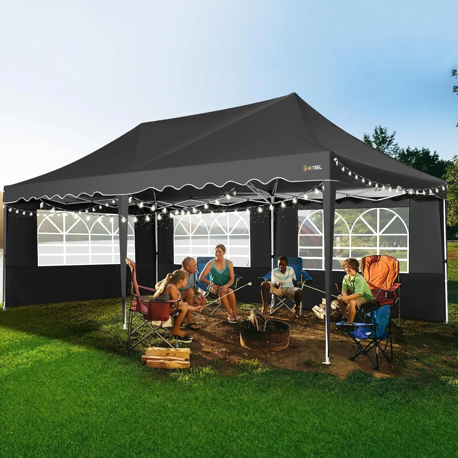 HOTEEL 10x20 Pop Up Canopy Tent for Parties, Instant Canopy Tent with 6 Sidewalls, Portable Wheeled Bag, 4 Weight Bags, Silver Coated Waterproof Enclosed for Backyard,Wedding, Event, Black