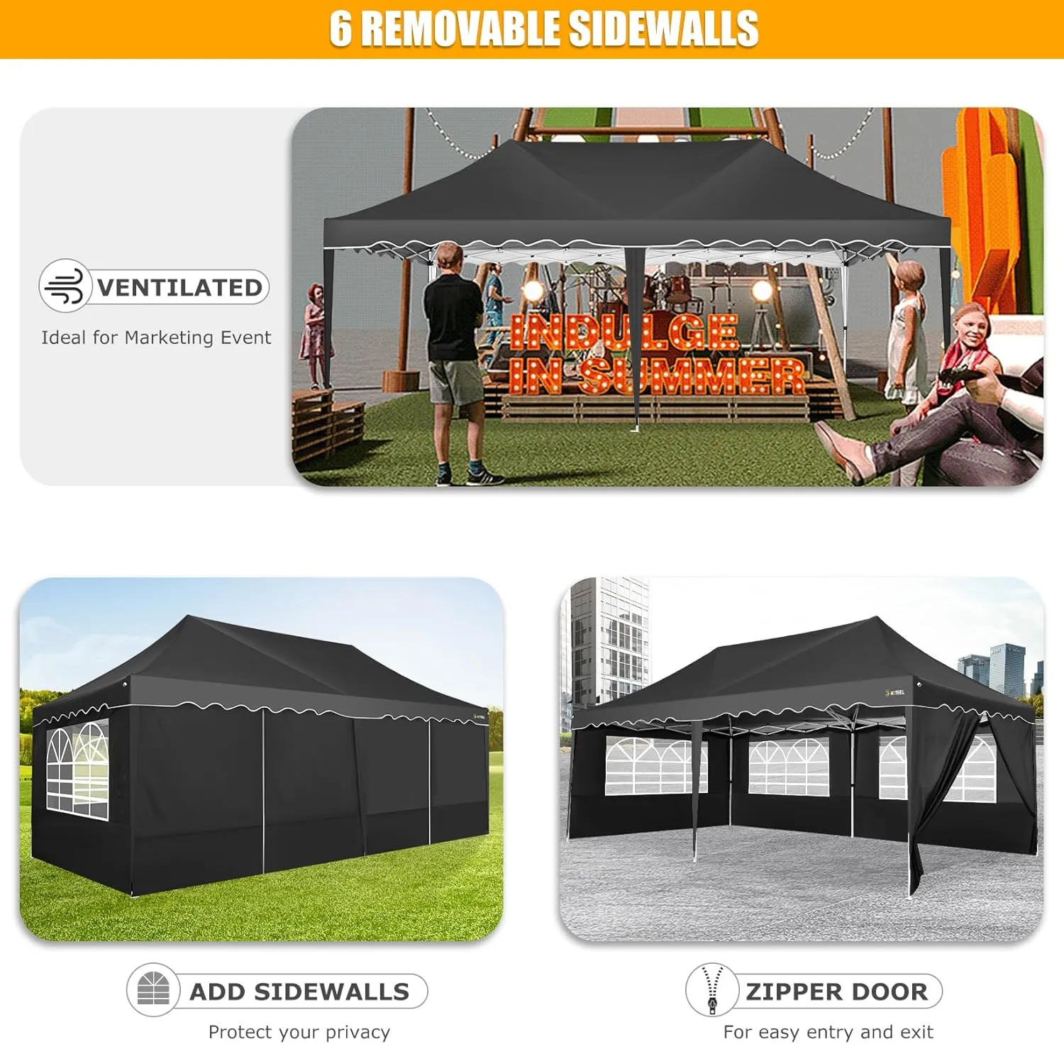 HOTEEL 10x20 Pop Up Canopy Tent for Parties, Instant Canopy Tent with 6 Sidewalls, Portable Wheeled Bag, 4 Weight Bags, Silver Coated Waterproof Enclosed for Backyard,Wedding, Event, Black