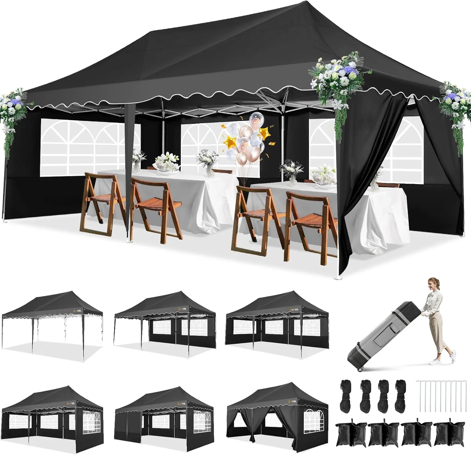 HOTEEL 10x20 Pop Up Canopy Tent for Parties, Instant Canopy Tent with 6 Sidewalls, Portable Wheeled Bag, 4 Weight Bags, Silver Coated Waterproof Enclosed for Backyard,Wedding, Event, Black
