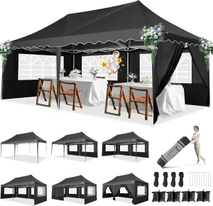 HOTEEL 10x20 Pop Up Canopy Tent for Parties, Instant Canopy Tent with 6 Sidewalls, Portable Wheeled Bag, 4 Weight Bags, Silver Coated Waterproof Enclosed for Backyard,Wedding, Event, Black
