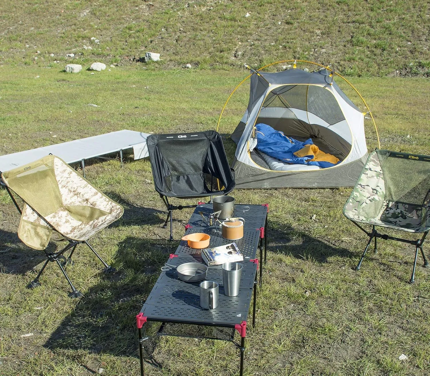 iClimb Extendable Folding Table Large Tabletop Area Ultralight Compact with Hollow Out Tabletop and Carry Bag for Camping Backpacking Beach Concert BBQ Party, Three Size (Black - S)