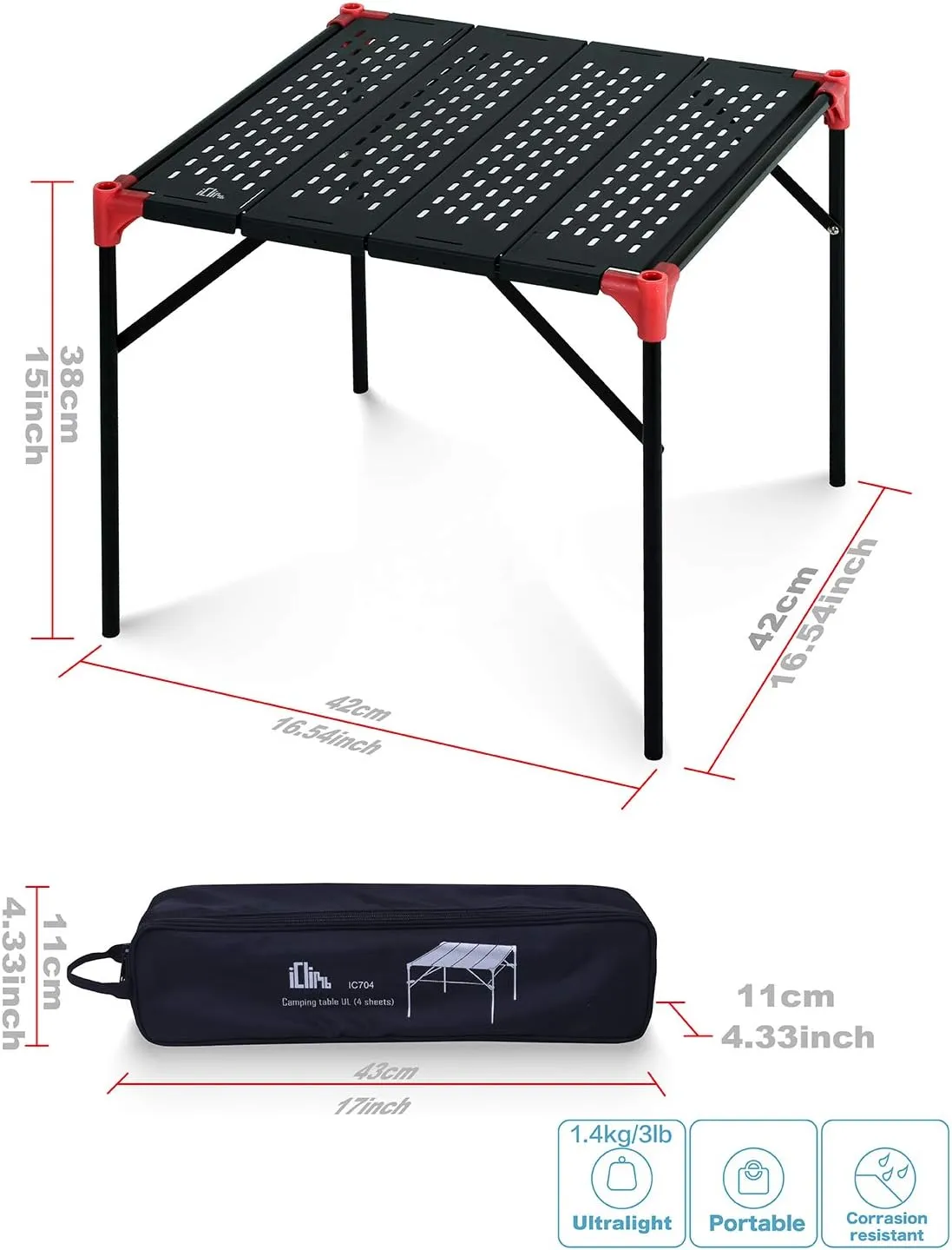 iClimb Extendable Folding Table Large Tabletop Area Ultralight Compact with Hollow Out Tabletop and Carry Bag for Camping Backpacking Beach Concert BBQ Party, Three Size (Black - S)