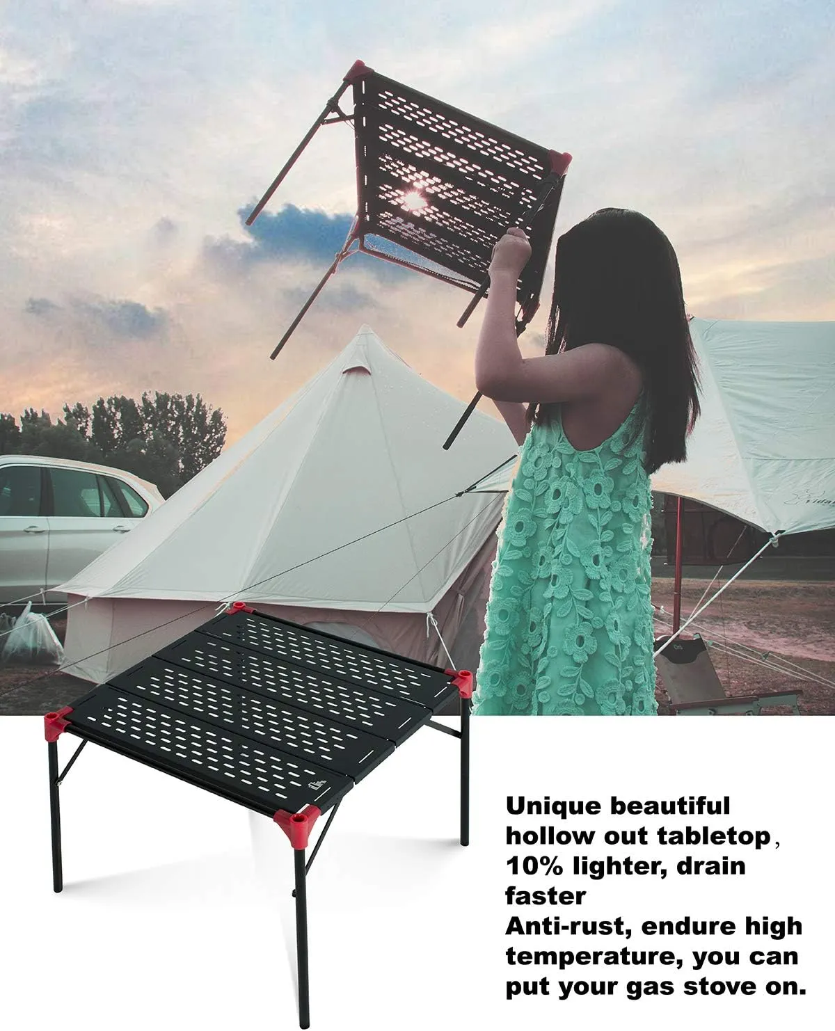 iClimb Extendable Folding Table Large Tabletop Area Ultralight Compact with Hollow Out Tabletop and Carry Bag for Camping Backpacking Beach Concert BBQ Party, Three Size (Black - S)